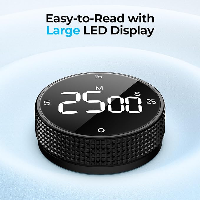 USB Rechargeable Magnetic Kitchen Timer for Cooking, Building 800mAh Battery Large Display Digital Countdown Countup Timer, 3 Preset 5/15/25 Mins Loud Alarm for Baking Grilling Studying