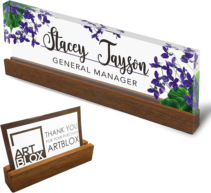 Artblox Personalized Office Desk Name Plate and Business Card Holder | Clear Acrylic Glass with Teak Wood Stand | Violets Flowers Design Customized with Your Name and Credentials Office Desk Décor