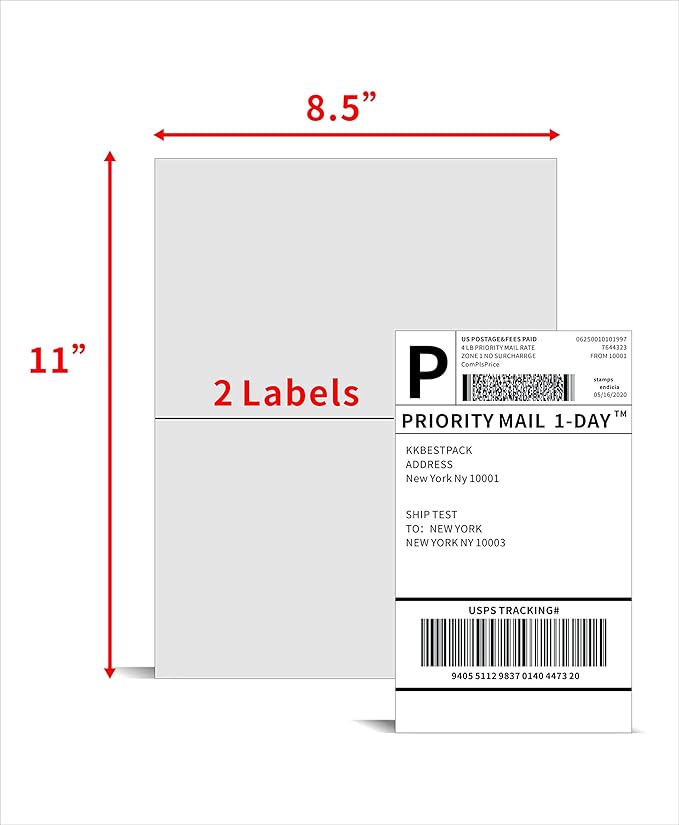 KKBESTPACK Half Sheet Shipping Labels for Laser and Inkjet Printers – 2 Per Page Self Adhesive Mailing Labels for Packages – White 8.5 x 5.5 Postage Labels for Shipping Boxes (500 Labels) (KK2LP)