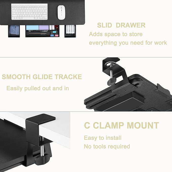Keyboard Tray Under Desk with Drawer,26.77" X 11.81" Keyboard Tray Large Size with C Clamp-on Mount, Easy to Install, Save Space for Office Desk (Black)