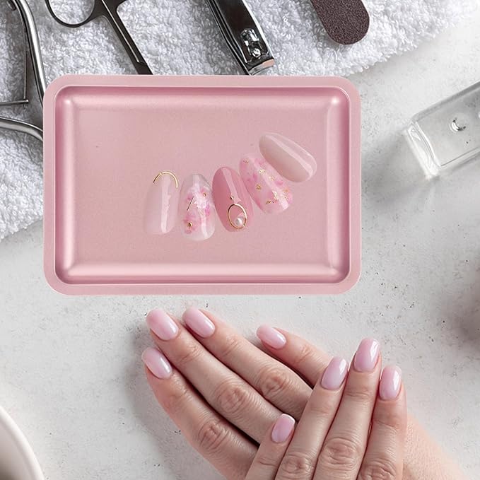 Stainless Steel Jewelry Storage Tray with Four Support Feet Stable and Spacious Trinket Plate Organizer for Nail Tools and Small Accessories Pink Decorative Catchall for Desktop