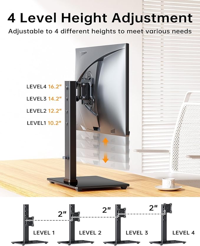 Single Monitor Stand, FreeStanding Desk Stand for 13-32 inch Screens, VESA Mount Monitor Riser with Swivel, Tilt, Rotation, 4 Height Options, Tempered Glass Base, Max Load 77lbs VESA 75x75mm-100x100mm