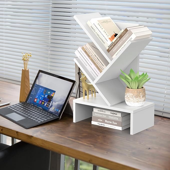 Godferyxin Small Bookshelf with Drawer,Mini Book Holder for Desk,White Wood Desktop Book Shelf for School,Office,Bedroom,Organizer CDs-Tree Bookcase