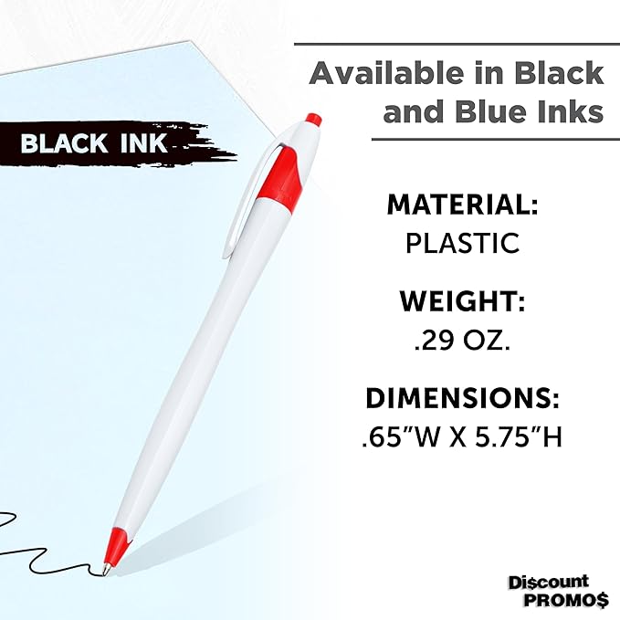 DISCOUNT PROMOS Slim Curvy Ballpoint Pens Set of 10, Bulk Pack - Black Ink, Retractable, Great for Office, School, Tradeshows - Red