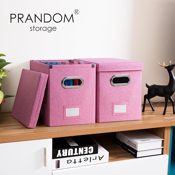 PRANDOM File Organizer Box - Set of 4 Collapsible Decorative Linen Filing Storage Hanging File Folders with Lids Office Cabinet Letter Size Pink (14x9.3x10.8 inch)