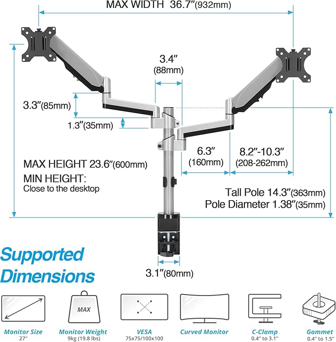 AVLT Dual 13 to 27 in Stacked Monitor Arm Desk Mount, Fits Two Flat or Curved Screens, Full Motion Height Adjustable Swivel Tilt Rotation, VESA C-Clamp Grommet Cable Management