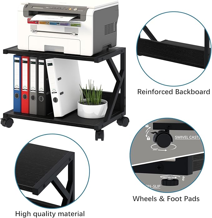 aboxoo Desktop Printer Stand with 2 Tier Wood Storage Shelves,Under Desk Printer Table,Multi-Purpose Home Office Desk Organizer for Fax Machine, Scanner (Black)