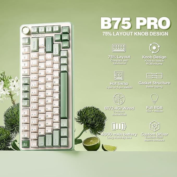 YUNZII B75 PRO Wireless Mechanical Keyboard,75% Layout with Knob,Hot Swap Gasket Structure,Creamy Pre-lubed Switches,RGB Backlit,Bluetooth/Type-C/2.4G for Win/Mac (Matcha Green, Cocoa Cream V2 Switch)