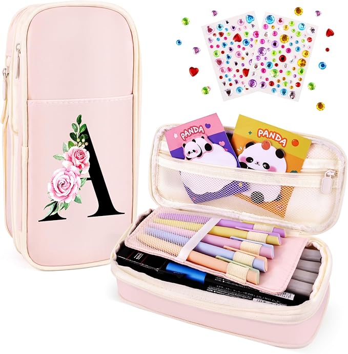 Preppy Pencil Case for Girls, Cute Large Pencil Pouch, Personalized Initial Pencil Bag with Zipper for School College Office Supplies, Back to School Supplies Gifts for Teen Girls (A, Pink)
