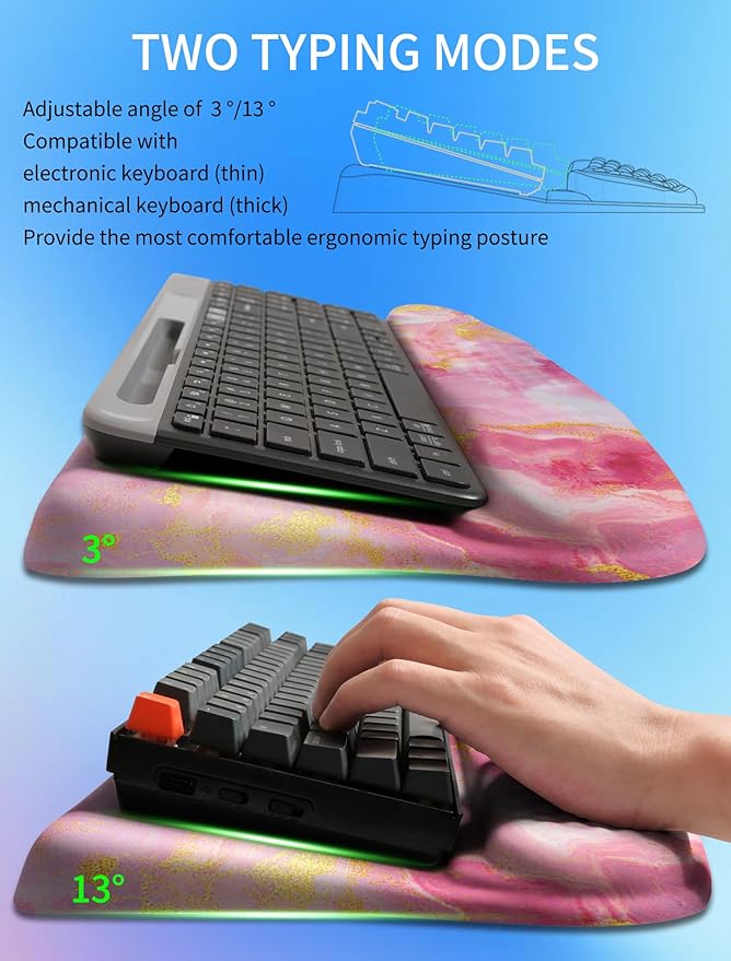 Ergonomic Wave Wrist Rest with Keyboard Stand, Cushioned Palm Rest, Comfortable Integrated Memory Foam for Natural Typing and Relieve Wrist Pain, Pink Gold Marble