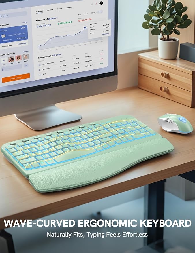 SABLUTE Ergonomic Wireless Keyboard and Mouse Combo - Wave Keyboard with Soft Leather Wrist Rest, Resistant Keys, RGB Backlit Rechargeable Set for PC/Mac/Chromebook (Green)