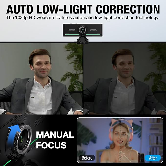 Gsou 1080P Webcam with Mics, Auto Light Correction, USB Plug&Play, Privacy Cover, Computer Webcam Connect Bluetooth Headset/Earphone/Speaker, Full HD for Business Meetings & Live Streaming