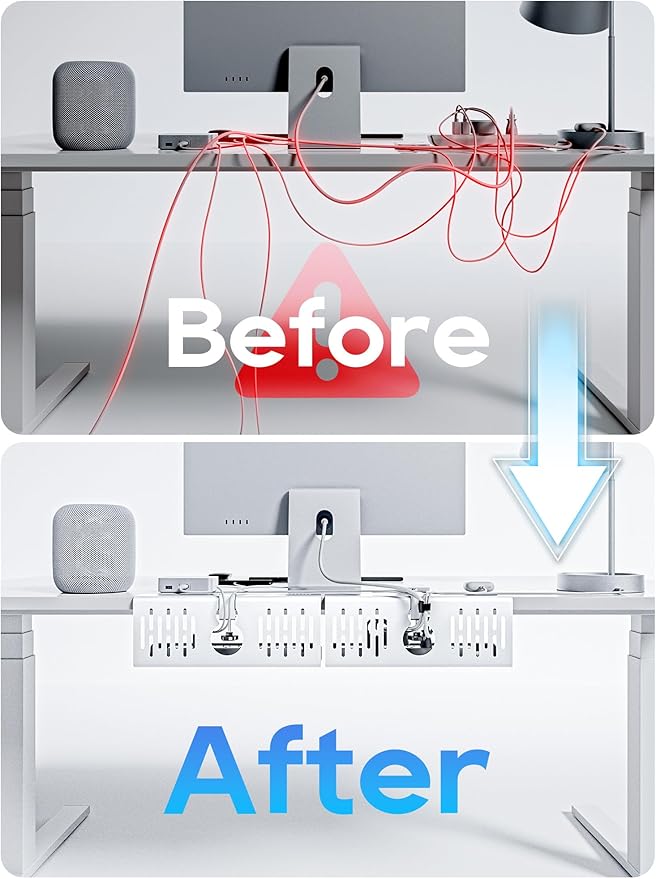 NODOCA No Drill Under Desk Cable Management Tray, 14'' Wire Management, Punch-Free Clamp on, Metal Cable Tray, Wire Organizer Under Desk, Under Desk Basket for Office and Home, White(2 Packs)