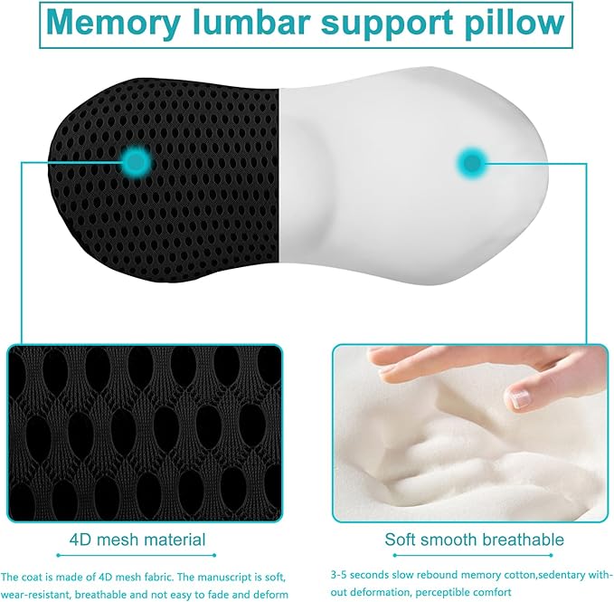 Lumbar Support Pillow, Memory Foam pad is Used to Relieve Lower Back Pain, which can be Easily Fixed with Bandages (Black) in The Back of Office Chairs, Cars, beds and Other Places…, CY0045