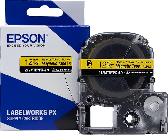 Epson LABELWORKS 212MTBYPX-4.9 Genuine Magnetic Tape Cartridge - Black on Yellow Magnet Label Maker Tape - 1/2" (12MM) Wide, 4.9 ft, Yellow