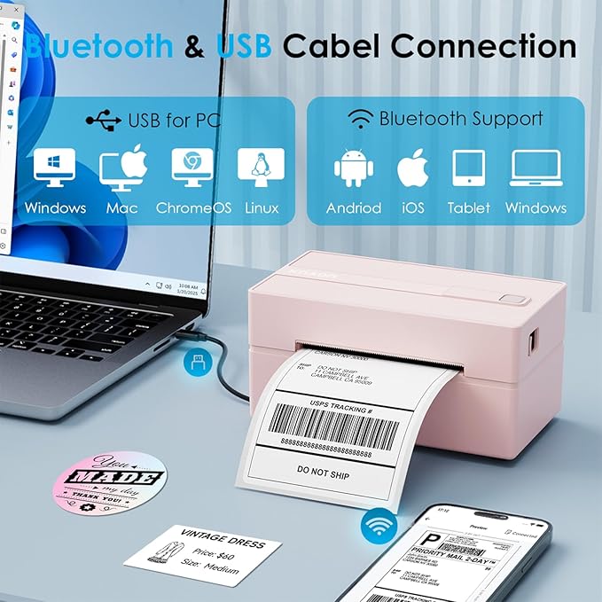 Bluetooth Thermal Shipping Label Printer, 4x6 Portable Thermal Address Label Printer for Small Business, Compatible with iPhone,Android,Windows,Mac,–Works with Ebay Shopify USPS&More, Pink