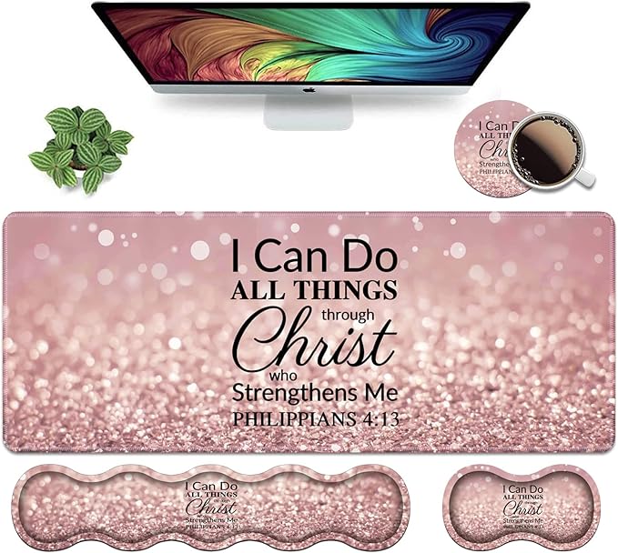 Ergonomic Keyboard Wrist Rest & Mouse Pad Wrist Rest Set,Large XXL Gaming Desk Mat 31.5"x 11.8", Non-Slip Base,Memory Foam, Easy Typing Pain Relief for Office & Home,Quote Bible Verse Philippians 4:13