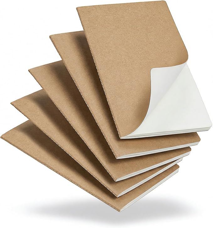 Foliom 5 Pack Kraft Notebooks Bulk A5, 60 Pages Blank Unlined Journals, 8.3x5.5 Inches, Natural Kraft Cover Composition Notebooks for School Office Students Artists