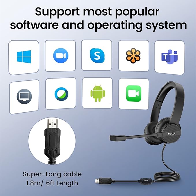 Headset with Microphone for PC Laptop, USB Wired Computer Headset with Volume & Mic Mute Controls, Lightweight All-Day Comfort Environmental Noise Canceling Headphones for Office Call Center Skype