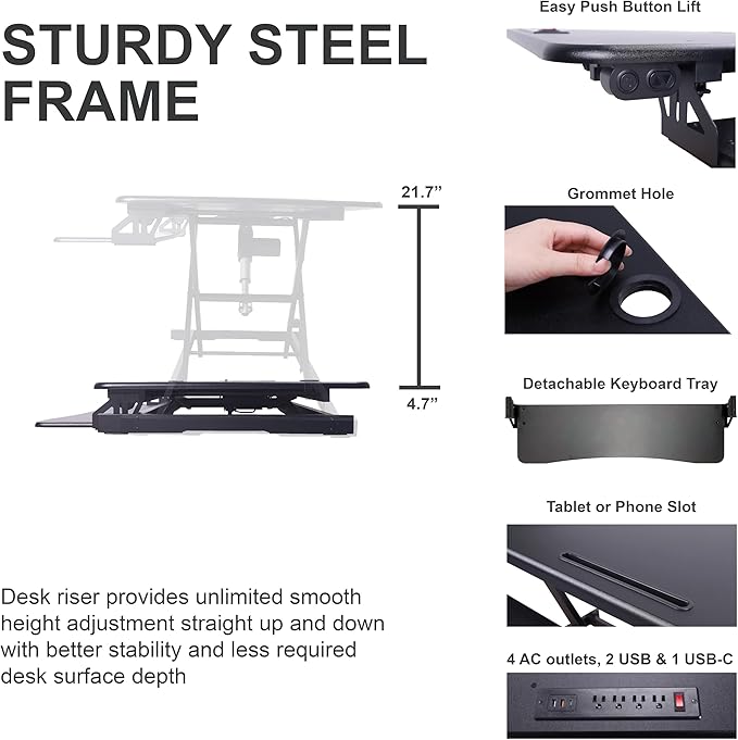 Rocelco 46" Electric Standing Desk Converter with AC Outlet USB Charger and Dual Monitor Arm Mount - Motorized Adjustable Sit Stand Riser - Tabletop Workstation Keyboard Tray - Black (R EDRB-46-MA2)