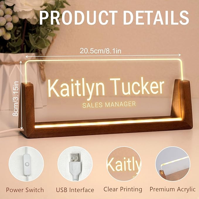 Desk Name Plate Personalized, Custom Office Light Up Name Plate for Desks, Desk Decorations for Women Men Office, Employee Appreciation Gifts for Coworkers (A-Text Only)