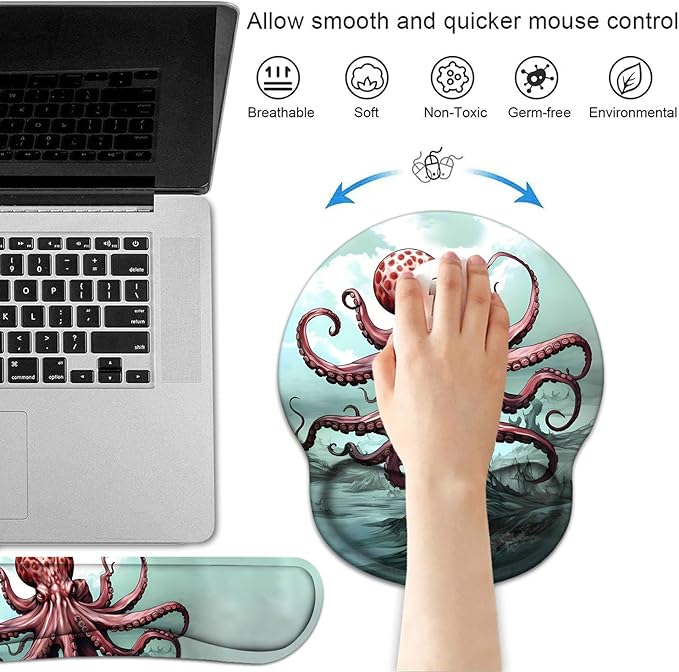 Keyboard Wrist Rest and Mouse Pad Wrist Support Set with Coasters, Non-Slip PU Base Ergonomic Gaming Mousepad for Home Office Working Studying Easy Typing & Pain Relief - Red Octopus
