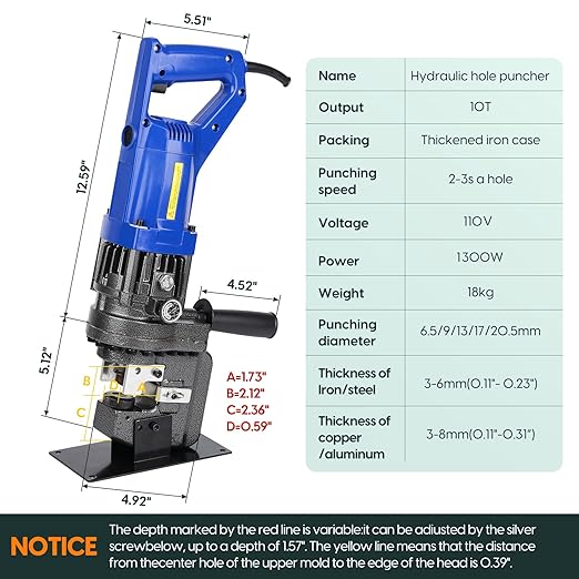 1300W Electric Hydraulic Hole Puncher, Electric Hydraulic Hole Punch for Metal Fast 2-3 Sec, Portable Steel Hole Punch with Dies Φ1/4" 3/8" 1/2" 11/16" 4/5" for Angle Iron Steel Aluminum Copper Plate