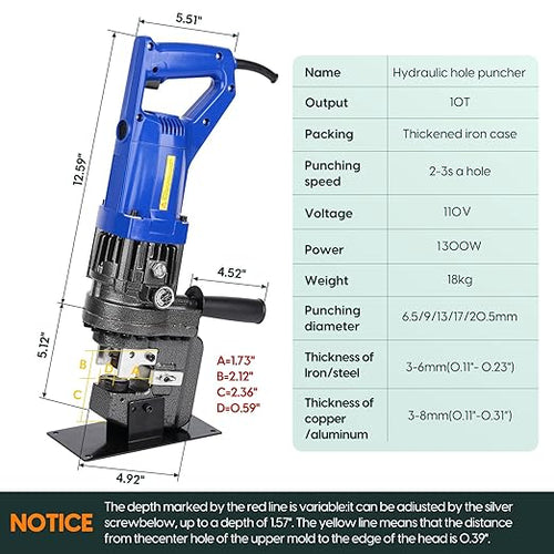1300W Electric Hydraulic Hole Puncher, Electric Hydraulic Hole Punch for Metal Fast 2-3 Sec, Portable Steel Hole Punch with Dies Φ1/4" 3/8" 1/2" 11/16" 4/5" for Angle Iron Steel Aluminum Copper Plate