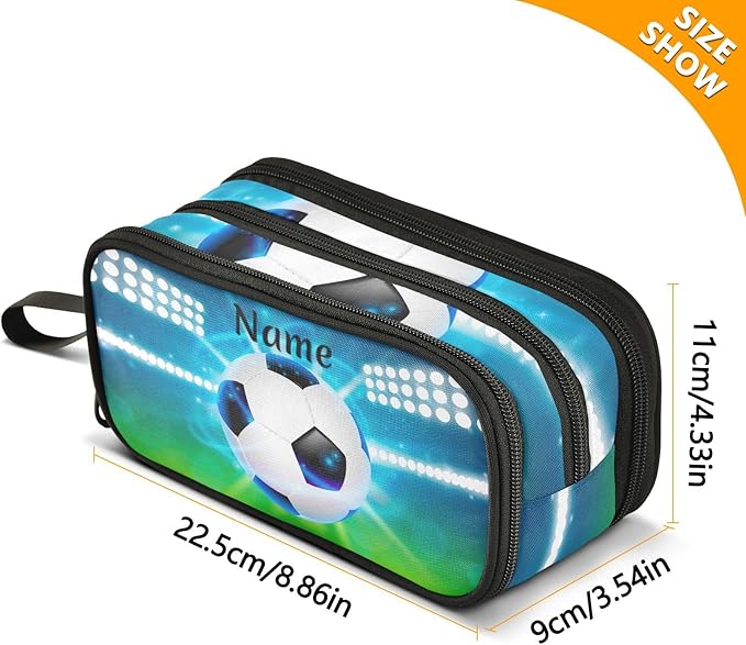 Custom Soccer Ball on Field Pencil Case Box Boys Girls Personalized Name Large Pencil Pouch Stationery Pen Bag Organizer for Kids Adults School Office
