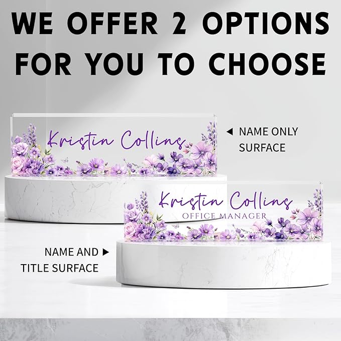 Custom Name Plate for Desk, Personalized Desk Name Plate on Clear Acrylic Glass, Appreciation Gifts for Teacher Employee Boss Coworkers Nurse, Office Desk Accessories for Women Men (Eggplant)