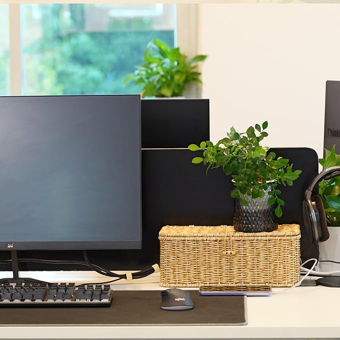 BROWNLILY Cable Management Box, Rattan Style Cord Organizer for Desk Cord Hider Outlet Covers Baby Proofing for Power Strip TV PC Router Charger Under Desk Storage with Lockable Lid and Cable Ties