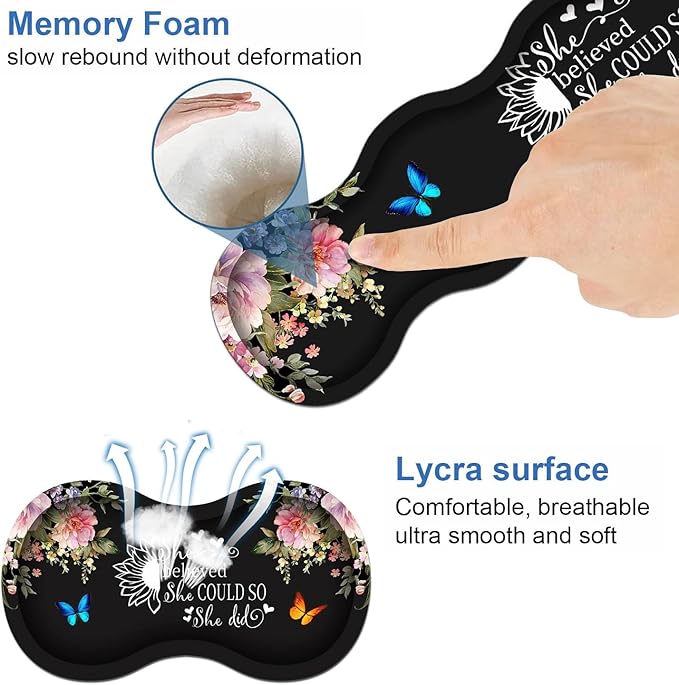 Ergonomic Keyboard Wrist Rest & Mouse Pad Wrist Rest Set, 31.5"x 11.8" Large XXL Gaming Desk Pad Memory Foam Non-Slip Desk Mat for Office & Home, Floral Quote She Believed She Could So She Did