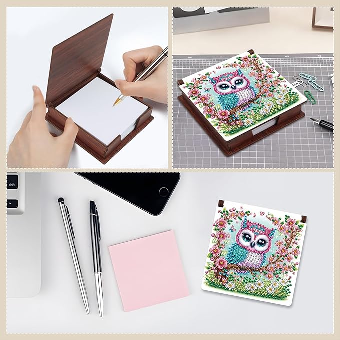Wooden DIY Owl Diamond Art Notecard Box – DIY Gem Art Sticky Note Holder for Adults 160 Sheets Memo Pad Storage Desk