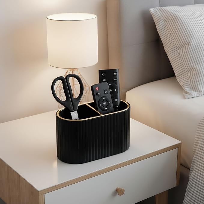 KINGFOM PU Leather Desk Organizer Pen Holder – Dual-Compartment Stylish Pencil Cup Remote Control Holder Desktop Supplies and Accessories Organizer Caddy for Office Home School (Black)