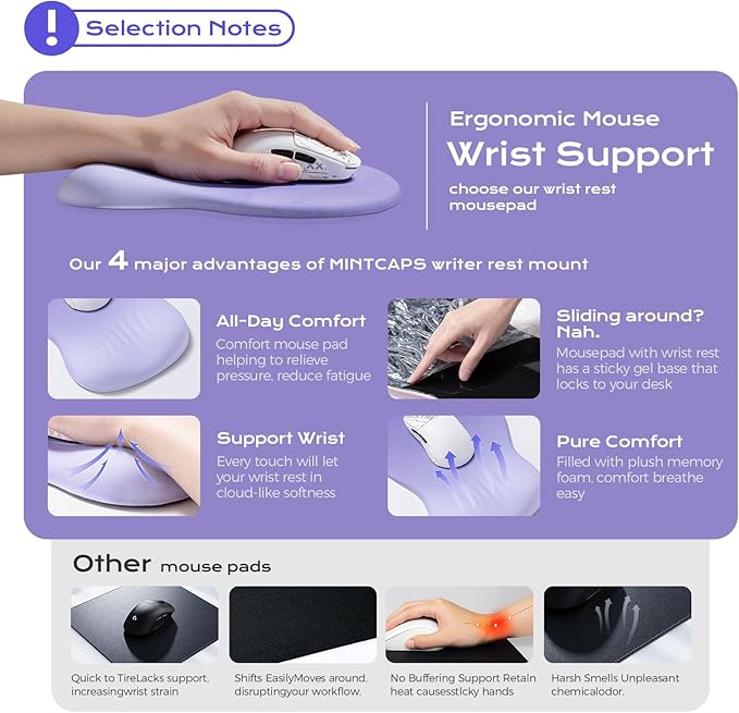 Ergonomic Mouse Pad with Wrist Rest - Purple Mousepad Wrist Support, Memory Foam with Massage Design Wrist Rest for Mouse