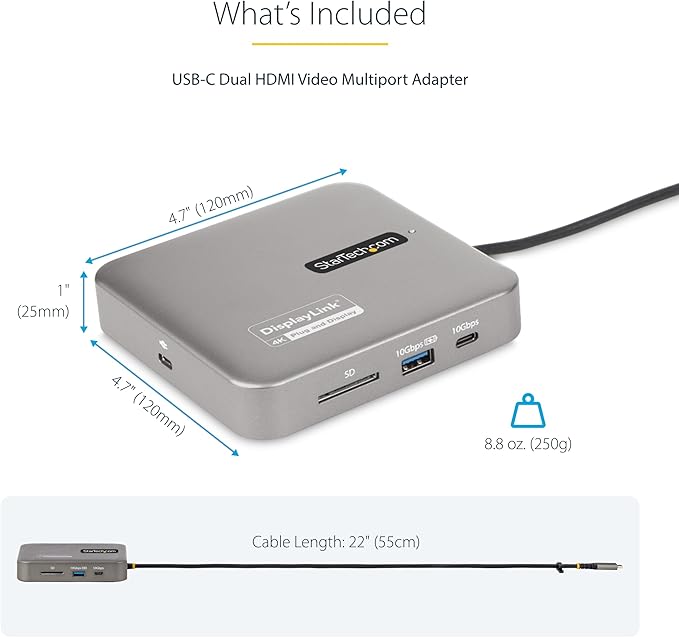 StarTech.com 7-in-1 USB C DisplayLink Dual Monitor Docking Station, Dual 4K 60Hz HDMI Dock for MacBook M1 M2 M3 M4 & Windows, USB 10Gbps Hub, Gigabit Ethernet, SD, 100W PD, 22in (56cm) Cable