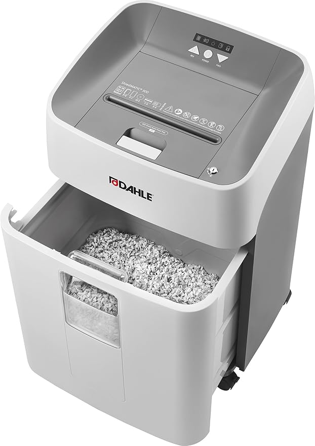 Dahle ShredMATIC SM 300 Auto Feed Paper Shredder, 300-Sheet Capacity, Cross-Cut, P-4 Security, Jam-Free & Oil-Free, Shreds CDs, Credit Cards, Staples & Paper Clips, German Engineered