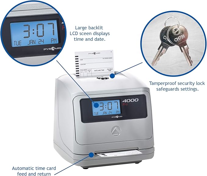 Pyramid Time Systems - Model 4000 Pro Auto Totaling Time Clock [ 4000PROK ] for Small Business, Bundle Includes: 125 Time Cards,2 Ink Ribbon cartridges, 1 Ten Time Card Rack, 2 Security Keys