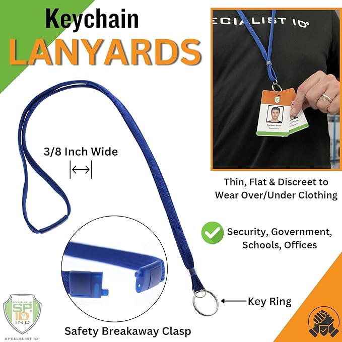 Specialist ID Bulk 100 Pack - Heavy Duty Breakaway Lanyards for Keys and ID Badges with Key Chain Split Ring - Break-Away Clasp and Keychain Keyring/Badge Holder Attachment (Royal Blue)…