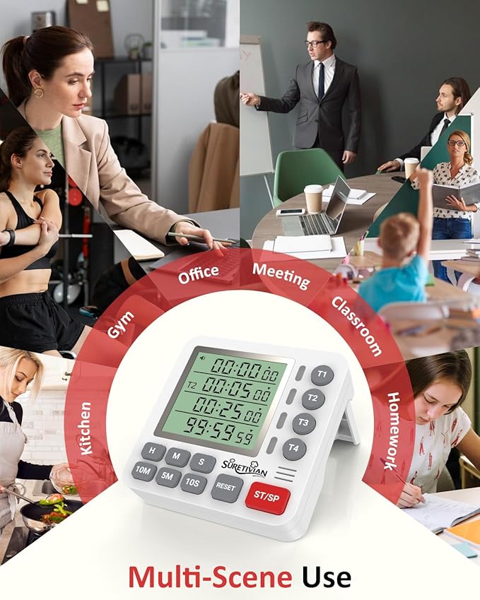 Digital Kitchen Timer for Cooking - 4 Channel Count Up Countdown Timer with Loud Alarm and Silent Mode, Large Display, Magnetic Back, Auto Memory for Classroom Study Gym, Battery Included (White&Grey)