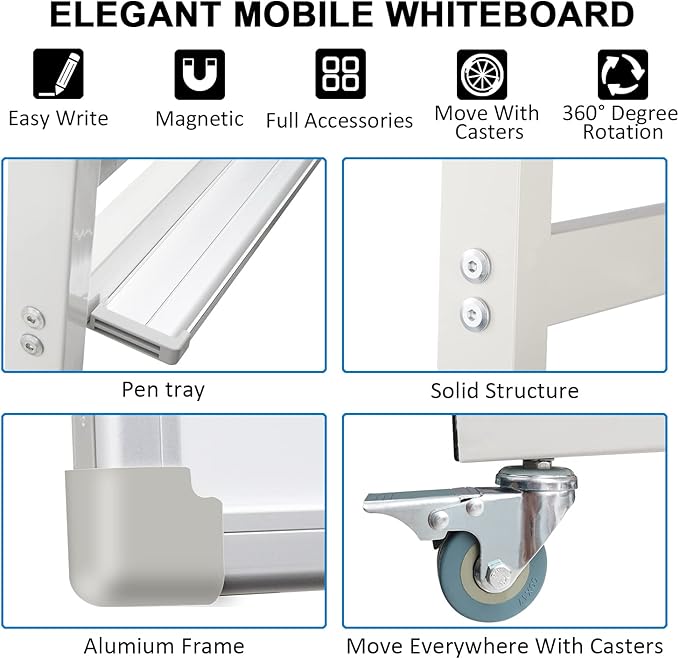 40" x 28" Mobile Dry Erase Whiteboard Double-Sided White Boards on Wheels Flip-Over Magnetic Rolling Whiteboard with Stand, Aluminium Frame