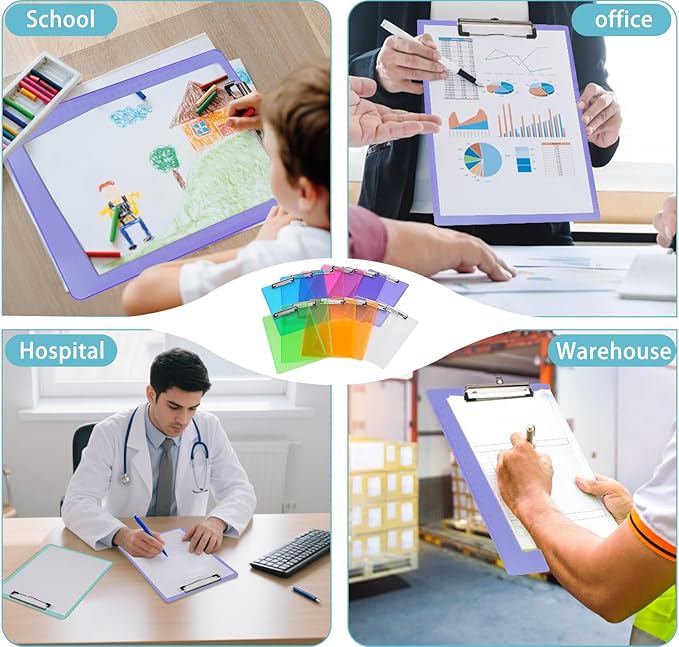 Dovesail 12 Pack Plastic Clipboards A4 Letter Size, 12.5" x 9" Multi Color Clipboards Bulk, Hangable Clip Boards with Low Profile Metal Clip,Office Supplies Classroom