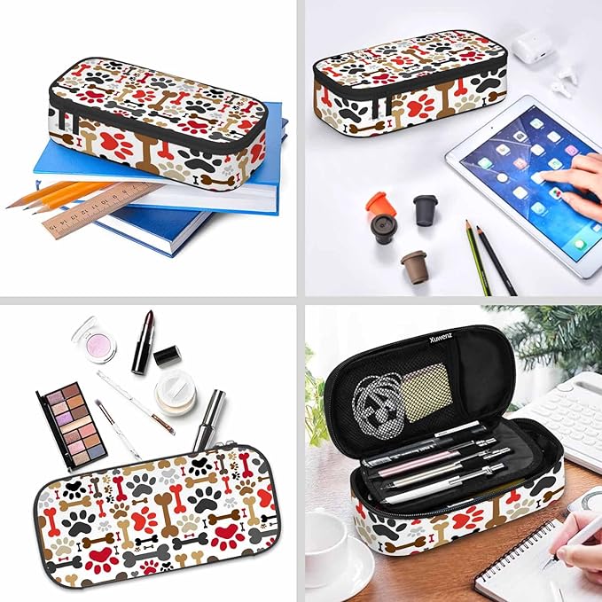 Dog Paws Pencil Case Brown Red Bones Animal Funny Pet Pencil Bag Pouch Box Organizer for College School Students Boy Girl