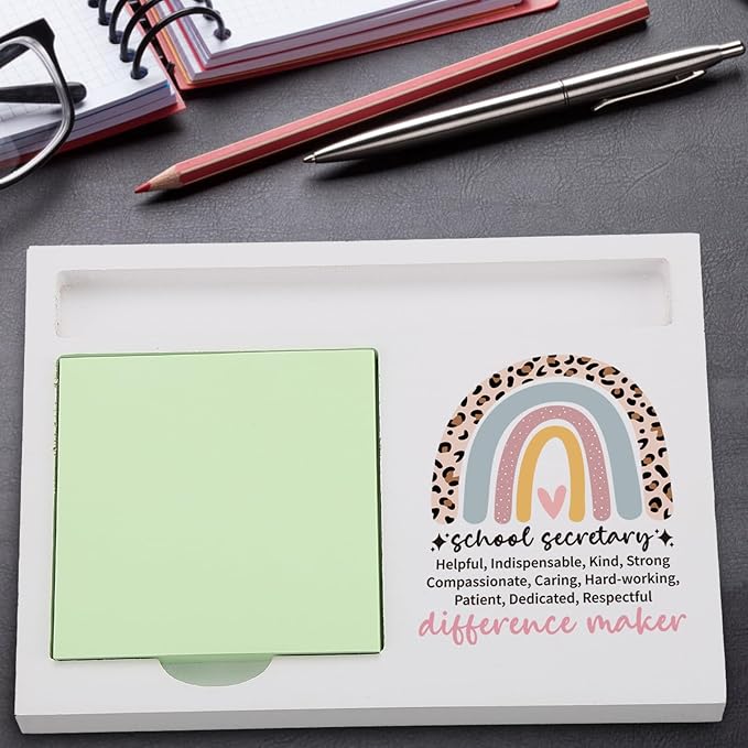 School Secretary Sticky Note Holder for Desk, Appreciation Gift from Teacher Parent Coworker, Rainbow Desk Organizer for Women Men, Thank You Office Gift for Admin Assistant TZP150