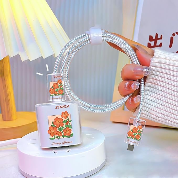 Lovely DIY Cable Protector for iPhone Adapter Charger,Cute Orange Daisy Flowers Design Transparent Data Line Cable Case, Phone Charging Protector for Apple Charger Cover