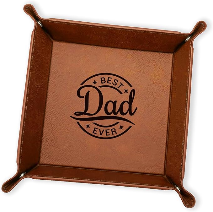 Best Dad Ever PU Leather Valet Tray, 5 Design Option, Personalized Key Bowl for Entryway Table, Catch All Tray for Organizer Wallet, Men Gift for Dad from Daughter Son for Father’s Day, Christmas