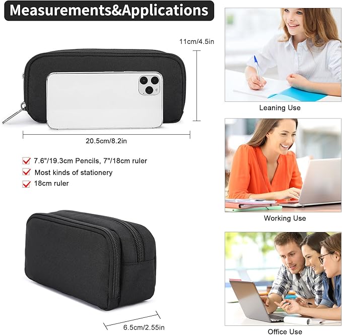 Della Gao Pencil Case Large Capacity Pencil Pouch Aesthetic Pencil Box for Office Stationery Organizer, Simple Sturdy Multifunctional Pencil Bag for Men - Black