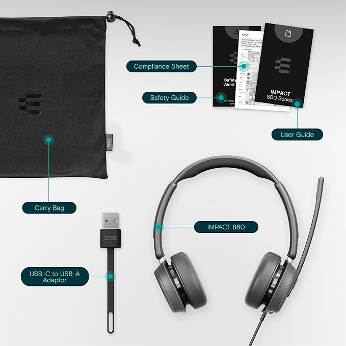 EPOS IMPACT 860 Dual-Sided Wired USB C and USB A Headset for PC with Noise-Canceling Mic, Super Wideband Audio, High-Performance Sound, Comfortable Fit for Business Calls & Office Use, Multi Compatibl