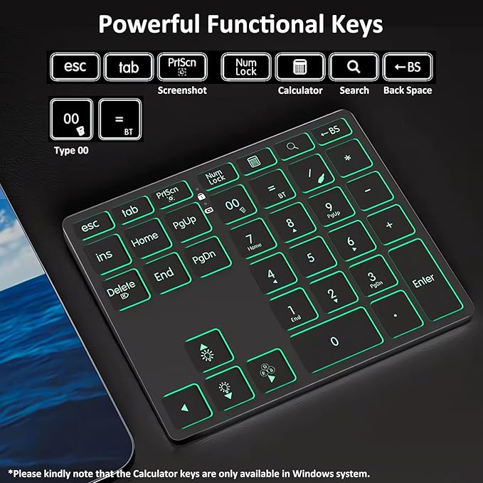 Tri-Mode Aluminum Numpad 7-Color LED Backlit, BT5.0/USB/2.4G Wireless Rechargeable Number Pad 35-Key Scissor Switches Light Up Keycaps for PC/Laptop/Win/Mac, Grey Black
