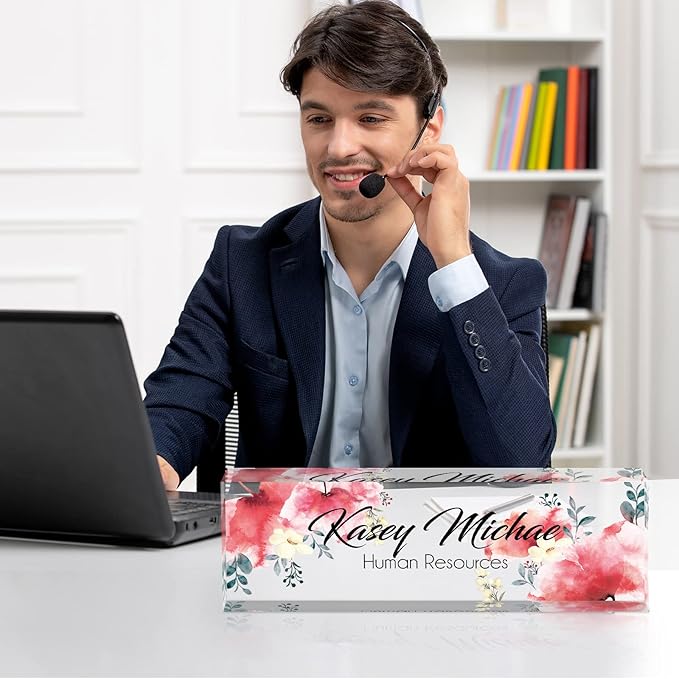 Custom Name Plate for Desk, Desk Name Plate Personalized, Office Decor for Women Men, Acrylic Desktop Accessories, Office Gifts for Coworkers Boss Teacher, Employee Appreciation Gifts (Flowers A)